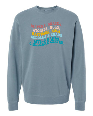 Little Hawks Childcare Center - Unisex Midweight Pigment-Dyed Crewneck Sweatshirt |Retro Design|