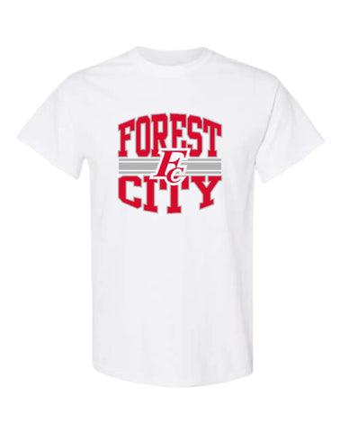 White t-shirt with 'Forest City' printed in red on a white background